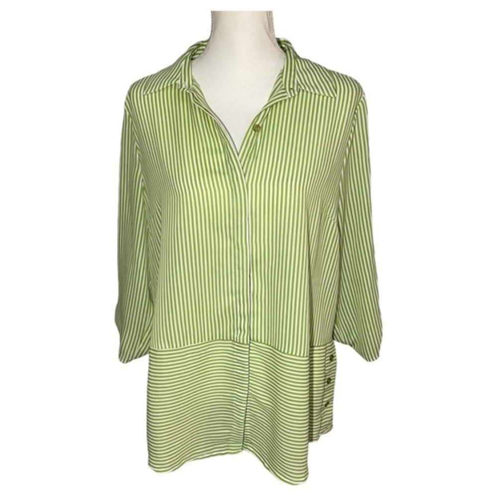 Peck & Peck Women's Large Green Stripe Hidden Button Up Blouse Top Collared